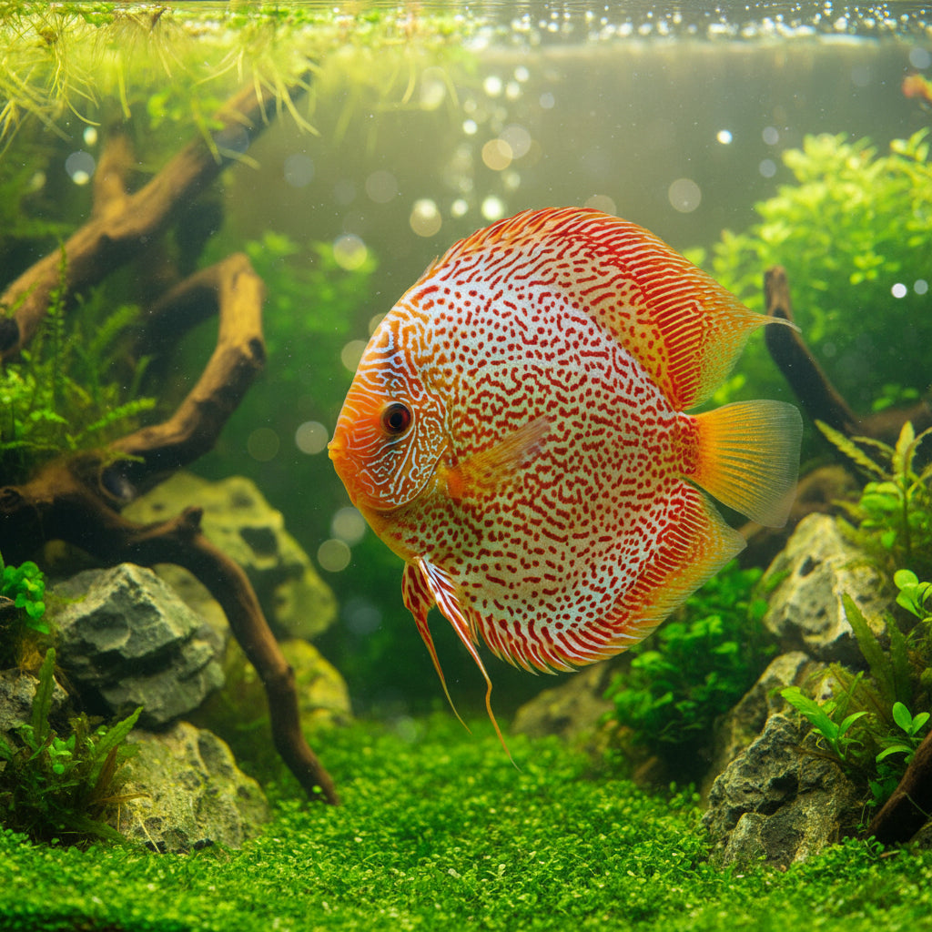 A close-up of a discus fish with a white body covered in dense red and orange spots, bright orange-red fins, and a yellow tail, set against a pale yellow background.