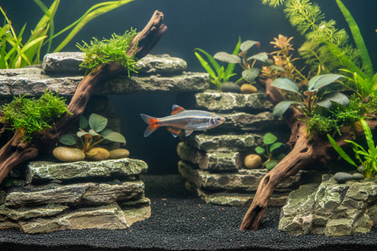 A small silver fish with red and black fins swimming horizontally above black gravel against a solid black background.