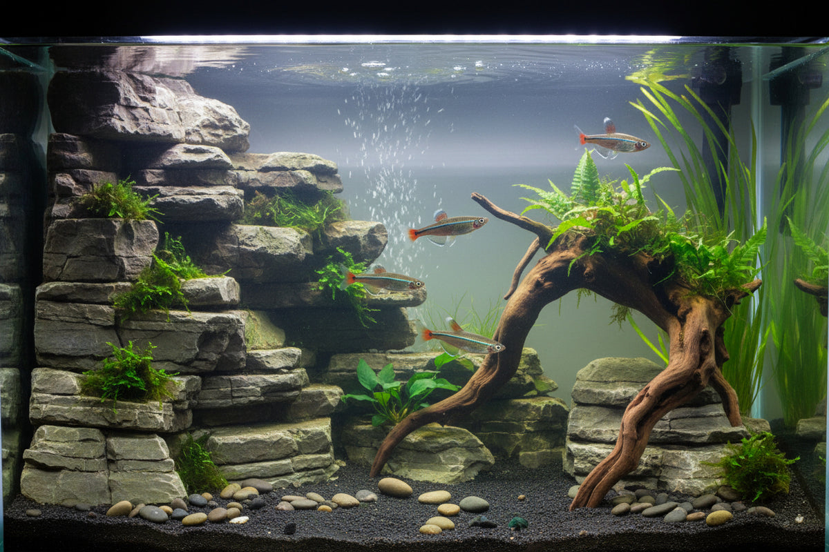 Two live rainbow fish (likely tetras or similar aquarium fish) swimming in a green aquatic environment. The fish have a silver body with a bright vertical rainbow stripe, a red band near the tail, and translucent fins.