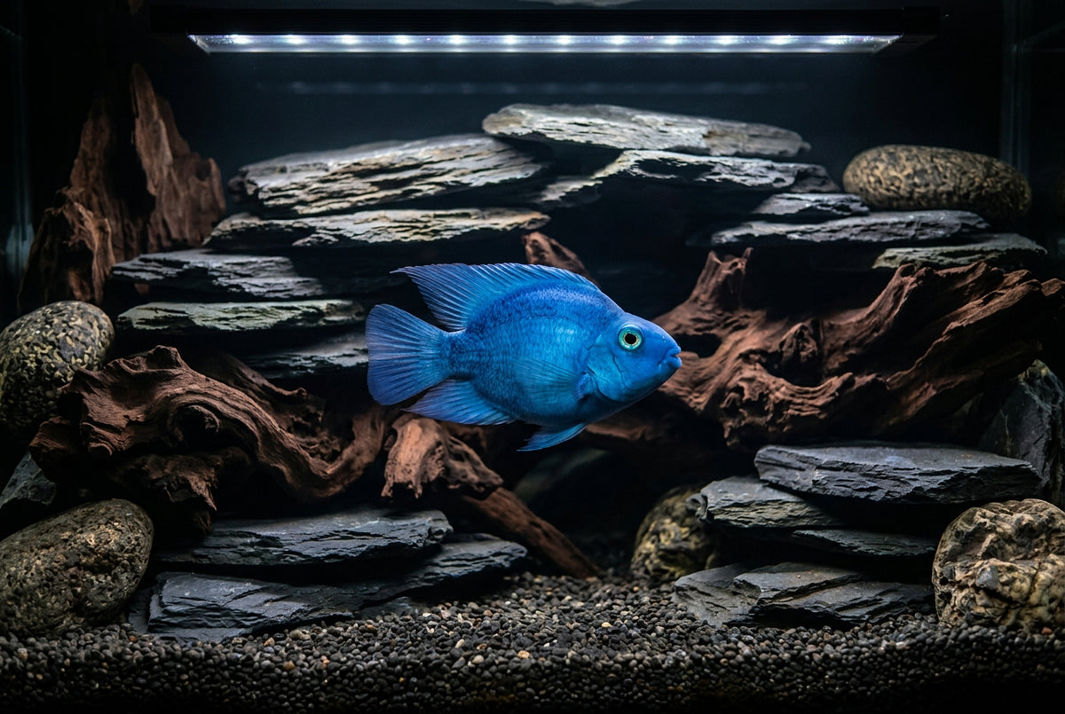 Blue fish in an aquarium setting with dark background and pebbles.