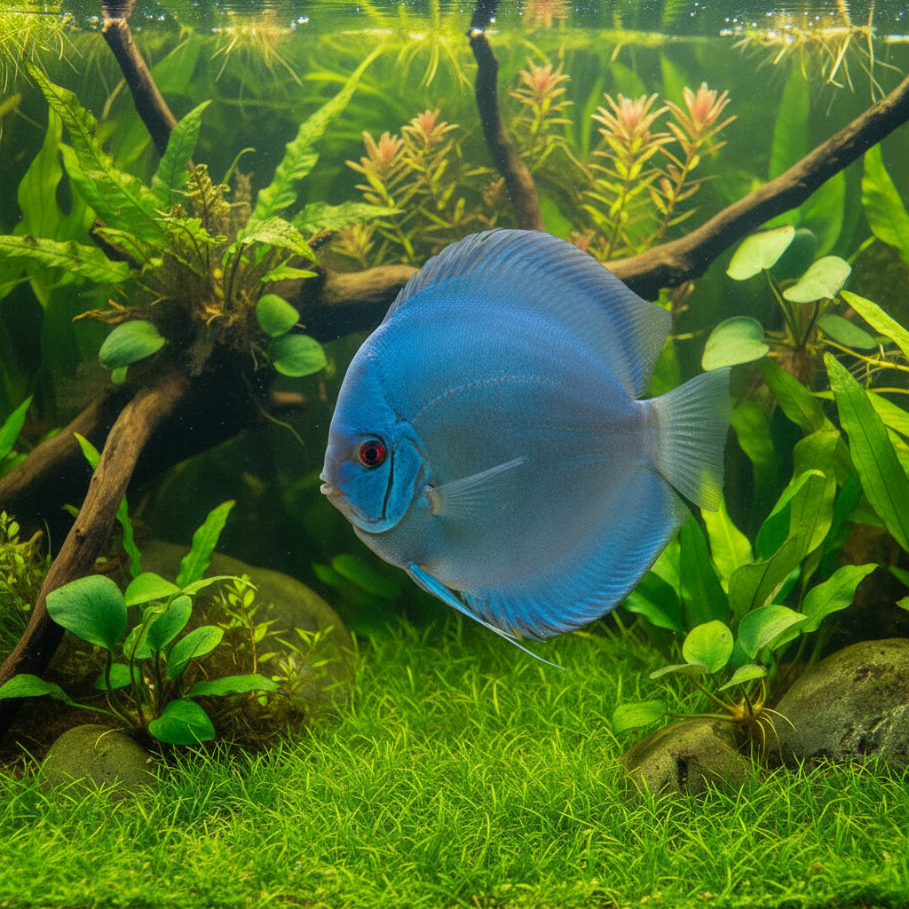 A vibrant blue discus fish swimming in a clear aquarium, featuring a bright red eye and a semi-transparent body with delicate fins.