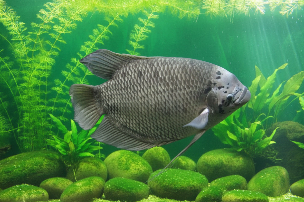 A live gourami fish swimming in an aquarium environment with dark, rocky background.