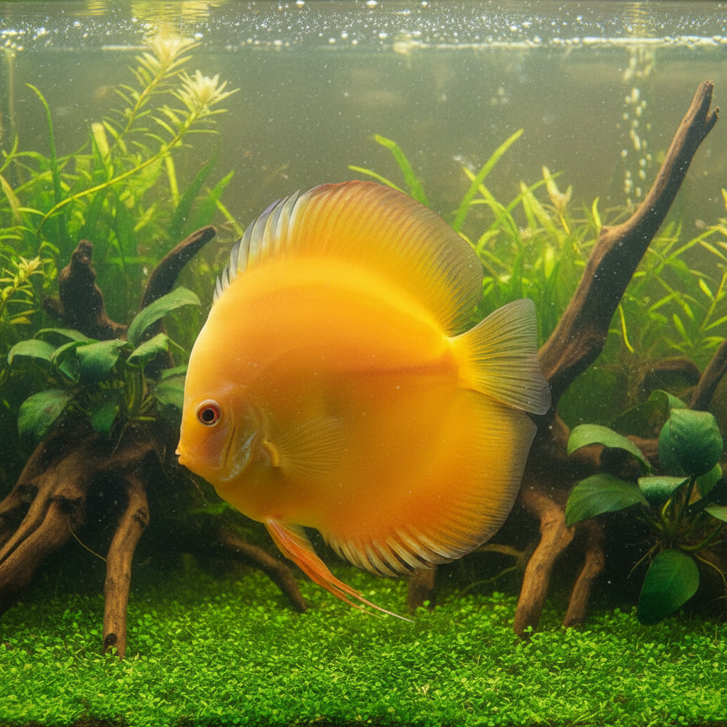 Yellow fish in an aquarium setting with green plants
