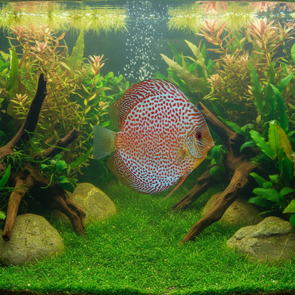 A close-up underwater photo of a discus fish with a white body covered in dense red spots and red striping, set against a bright aqua blue water background.