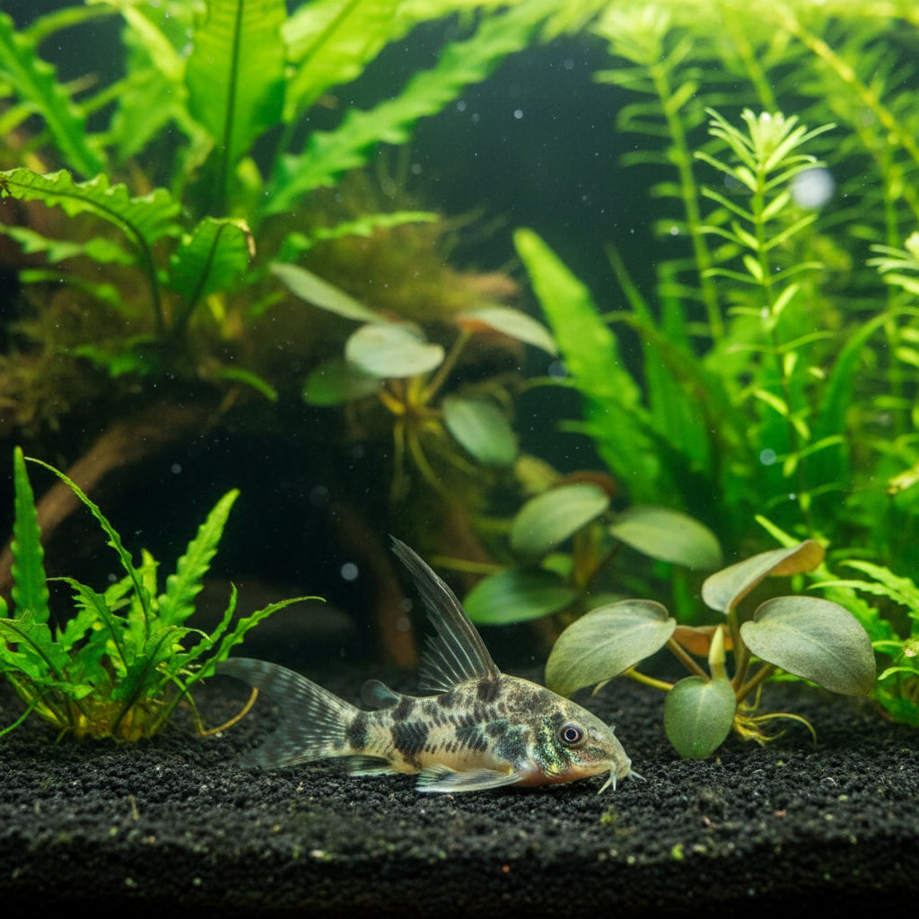 A small cory catfish with mottled gray, beige, and black coloring swims near the bottom of a dark aquarium. 