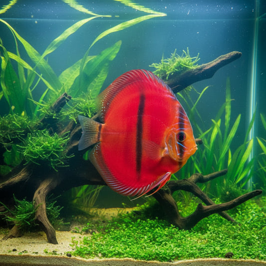Close-up of a vibrant red fish with black stripes in an aquarium setting.