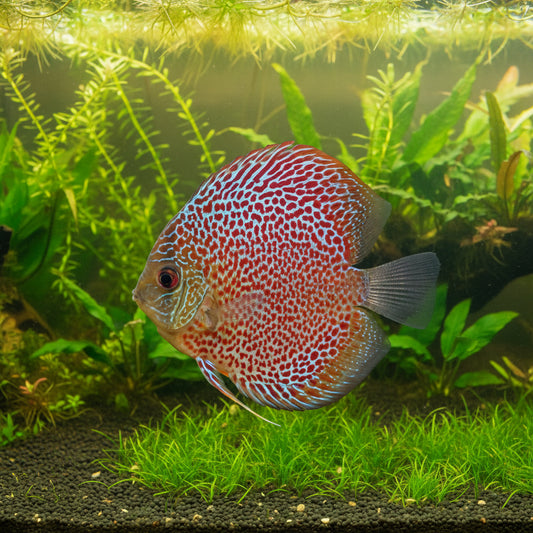 A close-up of a discus fish with a red and white spotted pattern, swimming in an aquarium with green plants and another fish partially visible in the background.
