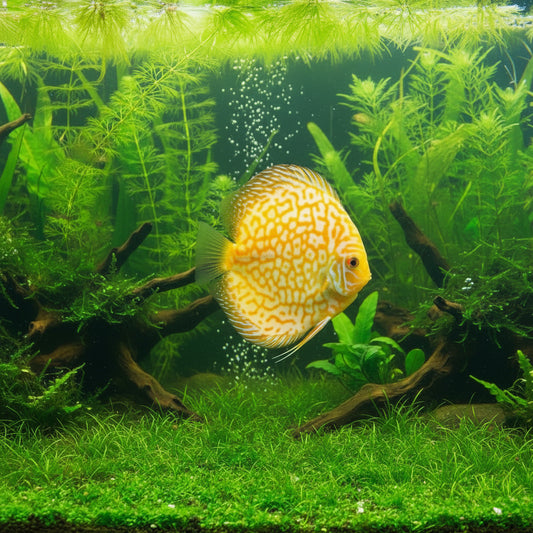 A yellow and white patterned discus fish swimming in a dark aquarium.